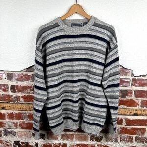 Vintage David Taylor Sweater Size Medium Grey Stripe Cotton Crewneck Classic USA